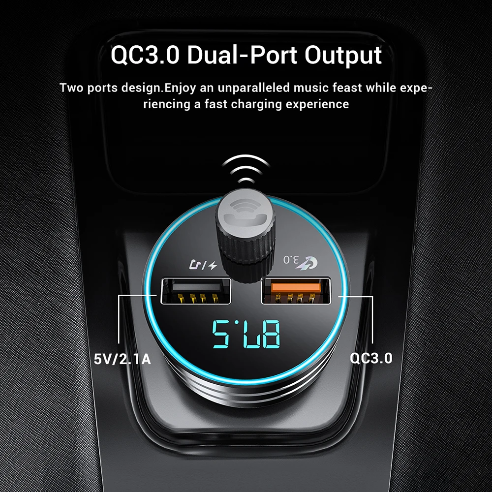  TOPK USB Car Charger Quick Charge 3.0 Dual USB Mobile Car Phone Charger with Bluetooth 5.0 FM Trans