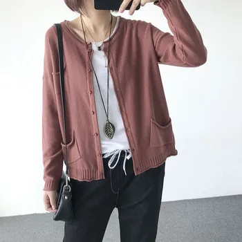 

2020 Spring Autumn New Arts Style Women Long Sleeve O-neck Loose Cotton Knitting Cardigan Double Pocket Casual Sweaters M478