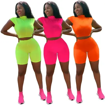 

ZKYZWX Casual Neon Two Piece Set Tracksuit Women Festival Clothing Short Sleeve Crop Top + Biker Shorts Set Sexy Club Outfits