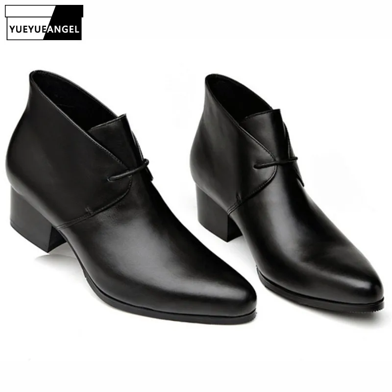 Mens High Heel Chelsea Boots Pointed Toe Genuine Leather Black Winter Male Dress Boots Casual Classic Vintage Cowboy Ankle Boots Mens High Heel Chelsea Boots Pointed Toe Genuine Leather Black Winter Male Dress Boots Casual Classic Vintage Cowboy Ankle Boots