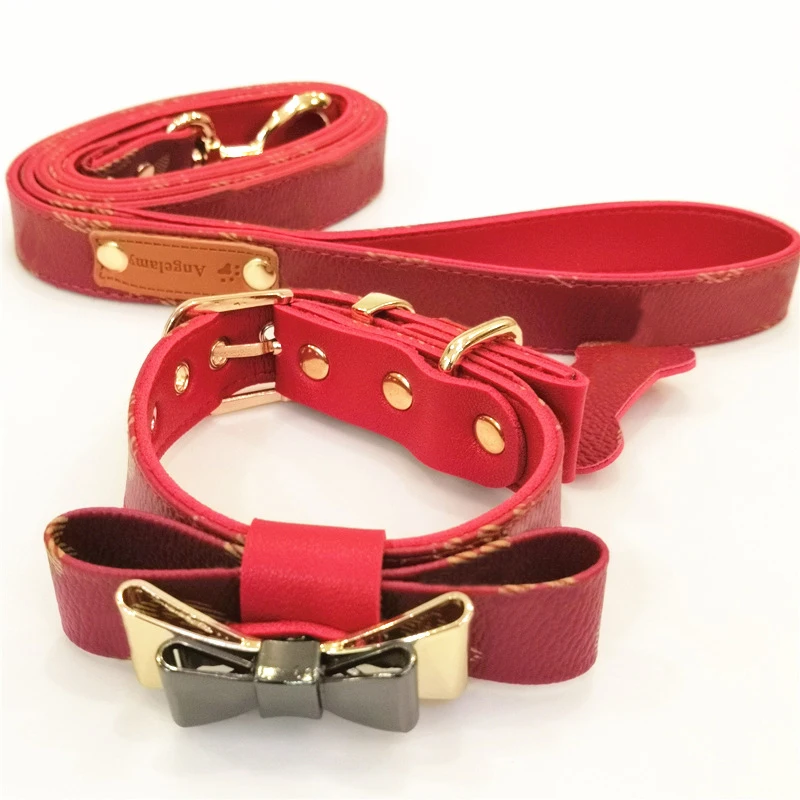 Red With Bow Tie Ошейник поводок набор для маленьких собак кожаное ожерелье для чихуахуа Французский бульдог щенок дропшиппинг LC0193 - Цвет: Red With Bow Tie
