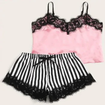 

Sexy Women Striped Satin Silk Lace Sleepwear Lace Floral V Neck Sleeveless Lingerie Tops + Nightwear Shorts Women Pajamas Sets
