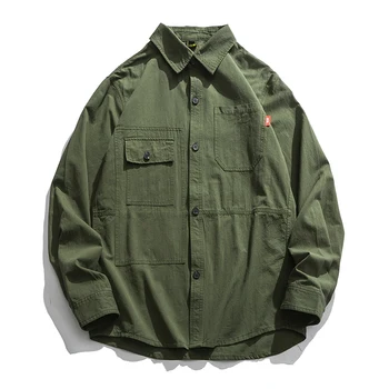 

New 100% Cotton Military Shirt Men Long Sleeve Casual Dress Shirt Male Cargo Work Shirts