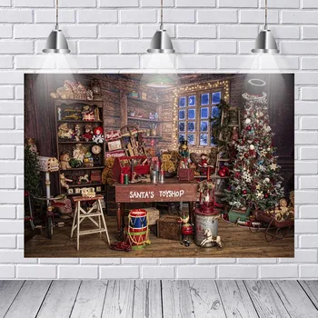

Santa's Toy Shop Photography Backdrops Christmas Tree Gift Snow Window Wood Shed Store Background Photo Studio Props