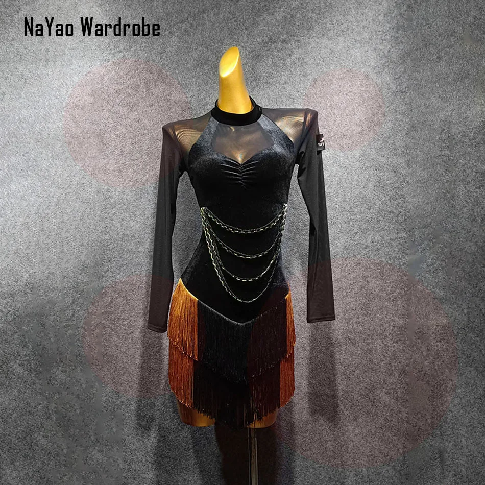 2020 New Long Sleeve Black And Yellow TasselLatin Dance Dress Dancing Performance Women Ballroom Samba Tango LP426 | Тематическая