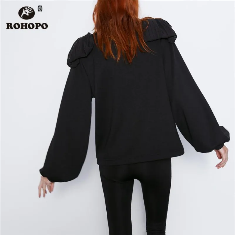 ROHOPO Polk точка лук плечо черный Свитшот круглый воротник с длинным рукавом Джерси ткань дамы весна пуловер топы толстовки#2454