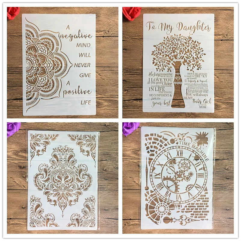 

4pcs/set A4 Mandala tree of life clock designer Stencils Painting Coloring Embossing Scrapbook Album Decorative Template
