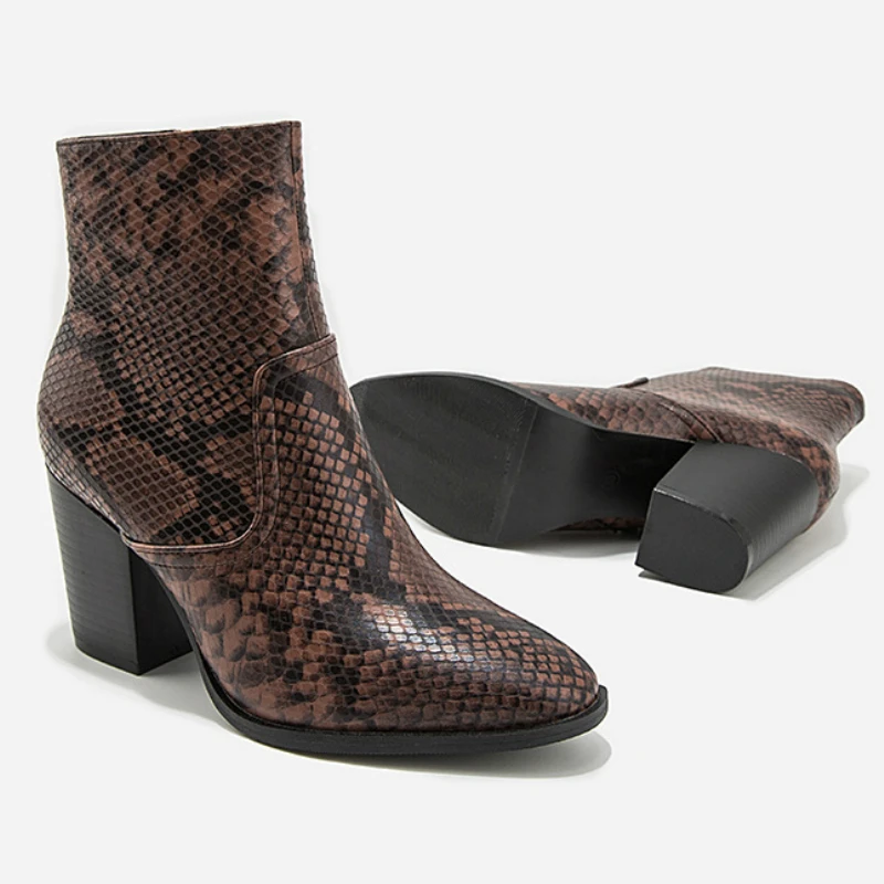 

High Quality Handmade Sewing Snake Pattern Leather Women Chelsea Boots Platform Chunky Heel Elegant Mature Ladies Shoes Designer