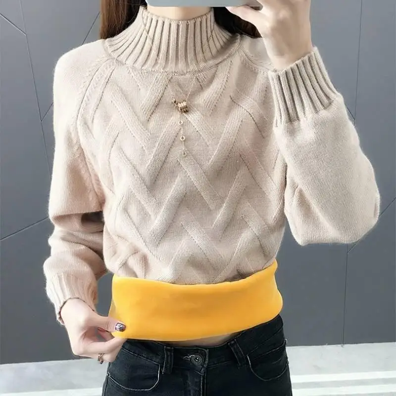 

2019 New Winter Women Korean Loose Plus Velvet Knit Pullovers Sweater Female Turtleneck Thicken Fleece Bottom Knitwear Tops X51