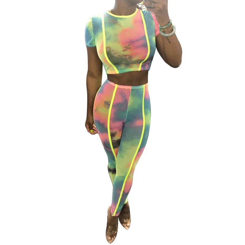 

Women Fluorescence Fitness Two Pieces Sets Summer Short Sleeve Tie Dye Print Crop Top and High Waist Pants Casual Sweat Suits