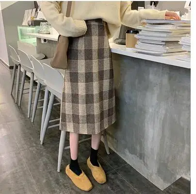 Слоновая кость Never Out of Fashion Классическая клетчатая юбка с эластичным поясом, прямая юбка миди, Женская юбка, Falda Mujer, винтажная - Цвет: Слоновая кость