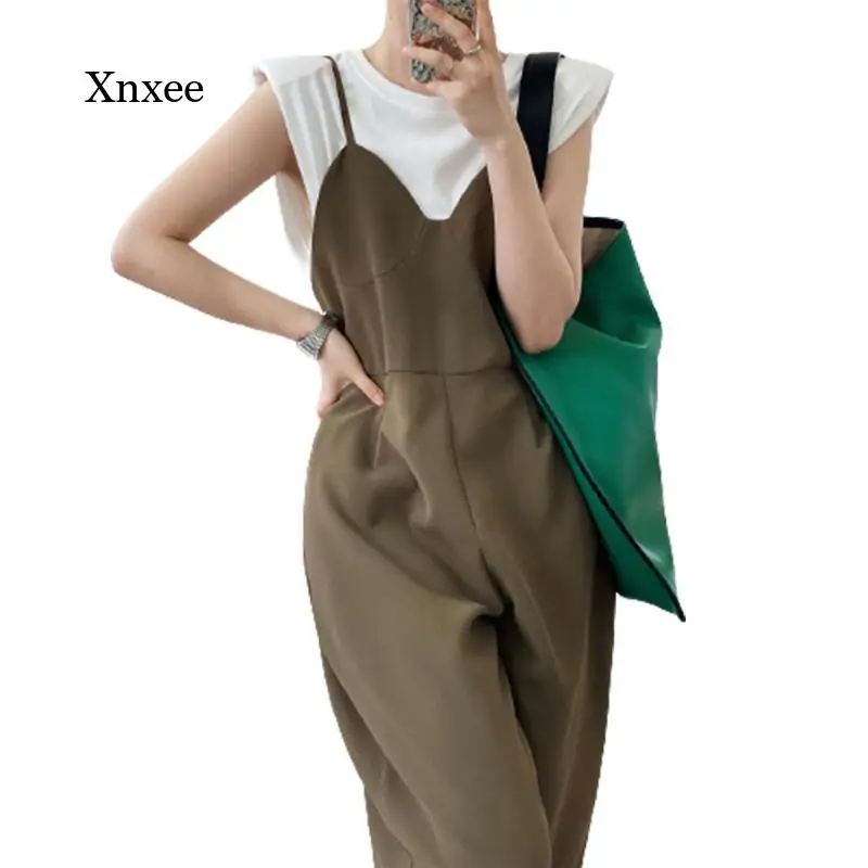 

Элегантный комбинезон на бретелях-спагетти, Женский Летний Тонкий Свободный комбинезон с высокой талией и широкими штанинами на подтяжках, Женский однотонный комбинезон, наряды