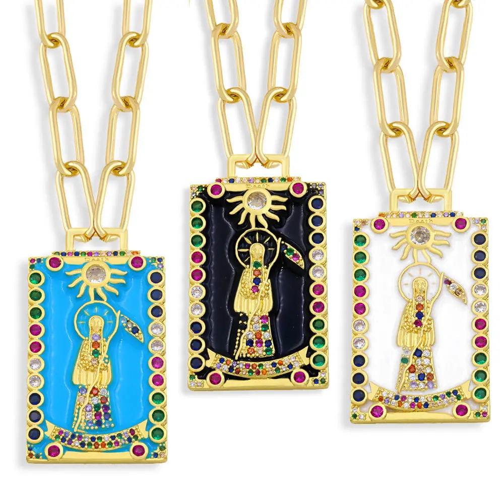 Colorful CZ Enamel Square Necklace Tarot For Women Inlaid Zircon Engraved Grim Reaper Pattern Pendant Retro Hip Hop Jewelry Gift | Украшения