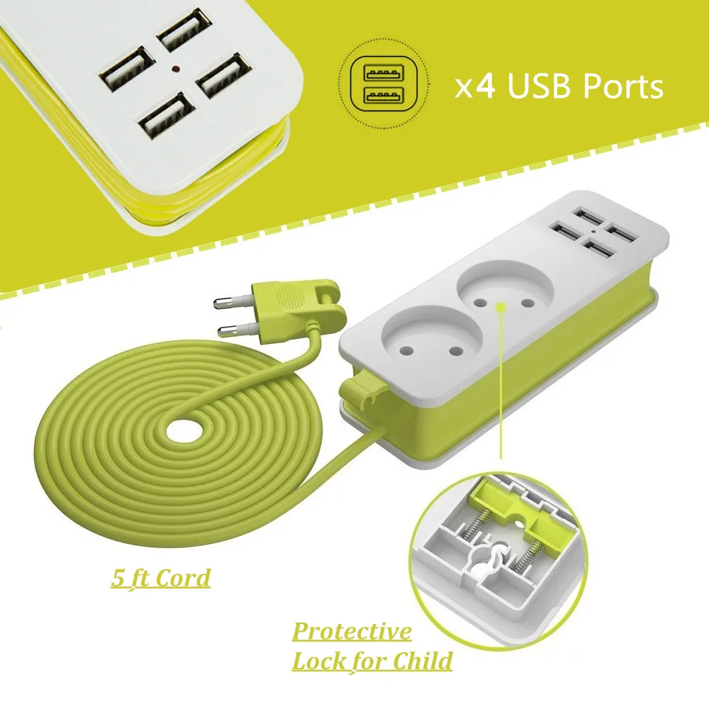 ЕС Plug Мощность полосы 1200 W 220 V кабель 1,5 м стены несколько Евророзетка Портативный 4 USB Порты и разъёмы для мобильных телефонов для смартфонов