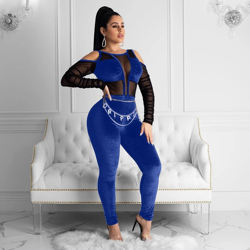 Elegant Sexy Jumpsuits for Women 2020 Long Sleeve Patchwork Mesh Black Bodycon Jumpsuit Rompers Backless Party Club Jumpsuit