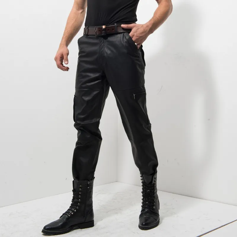Новинка 2020 черные мужские штаны из натуральной кожи модные повседневные