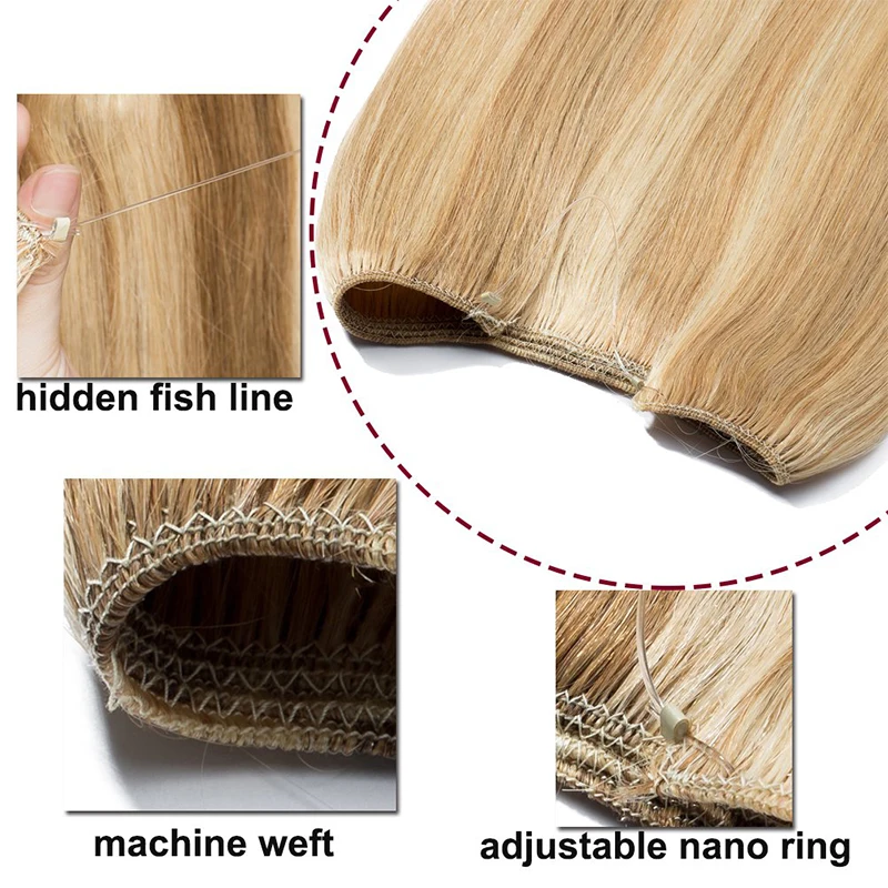 SEGO 60g-80g 16"-24" Invisible Wire Flip in Hair Extensions Straight Brazilian Non-Remy 100% Human Hair Weft Fish Line Hair