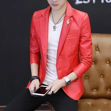 Новая мужская повседневная короткая куртка из искусственной кожи на одной пуговице, приталенные пальто с отворотом, черные, белые, красные куртки A56