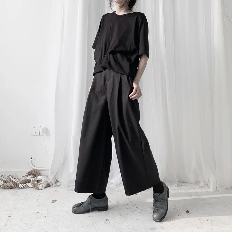 [EAM] Черные Короткие Длинные широкие брюки с высокой талией для отдыха, новые свободные брюки для женщин, модные весенне-осенние 19A-a551