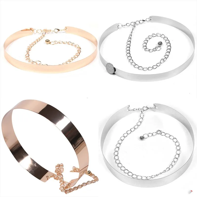 

1pcs 100cm - 135cm Women Belts Waistbands Punk Metallic Gold Plate Wide Cummerbunds With Chains Full Metal Mirror Waist Belt