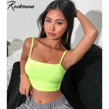 

Rockmore Neon Streetwear Spaghetti Straps Women Bodycon Off Shoulder Camis Casual Basic Crop Top Ladies Backless Vest Nightclub