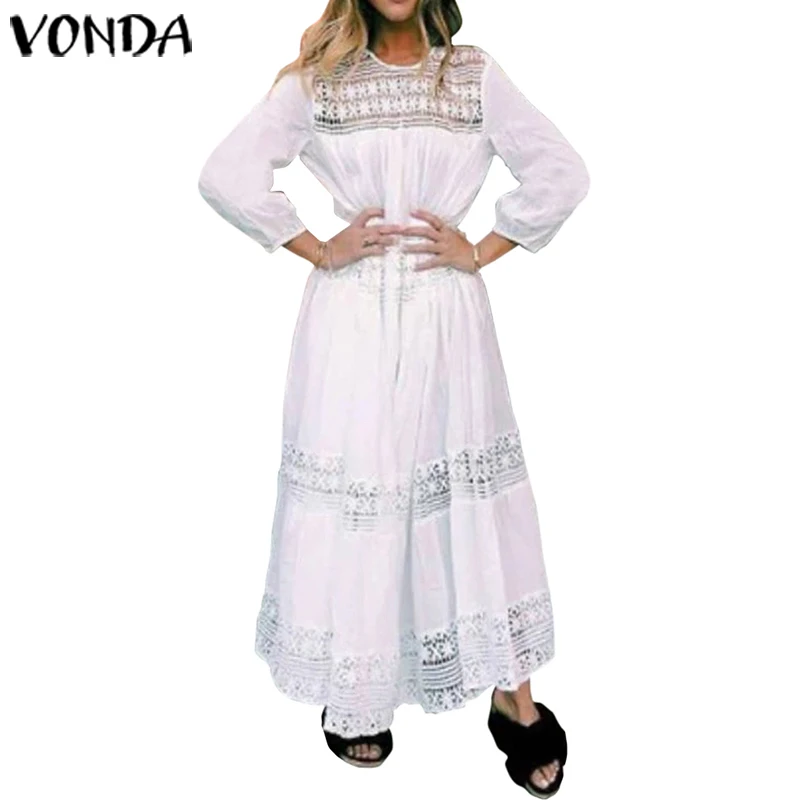 VONDA, женское платье с длинным рукавом, вязаное крючком, праздничное, открытое, повседневное, гофрированное, макси, платья для вечеринки, Vestidos, сарафан для беременных