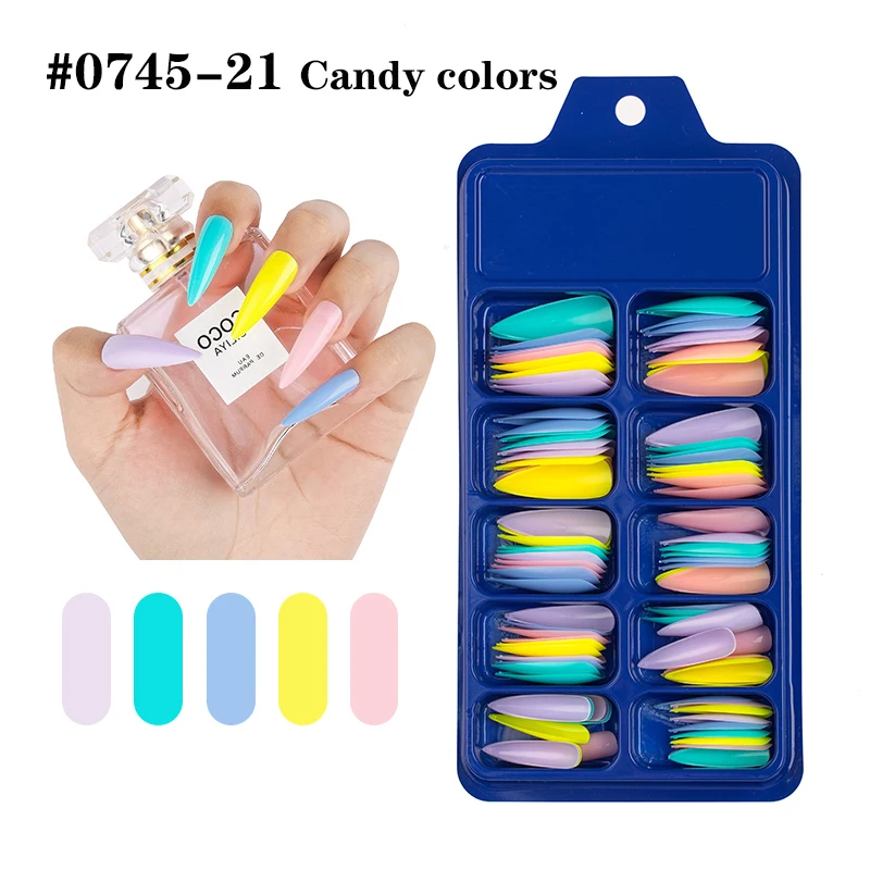 

100pcs Nail Art Colorful Natural Full Cover Oval Sharp End Stiletto Long False Fake Nails Tips Manicure Artificial Nails Salon