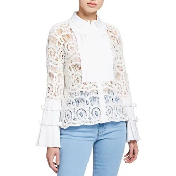 

2019 new fashion lapel collar Flare long sleeve hollow out shirts Vintage scraps lace blouses for women