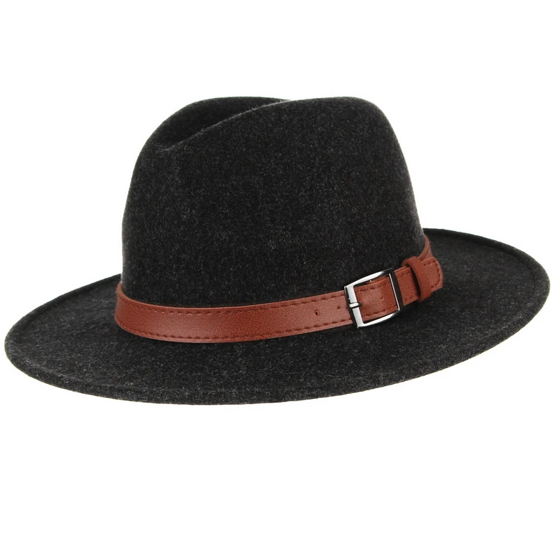 GEMVIE новая шерстяная шляпа с широкими плоскими полями для женщин и мужчин, фетровая шляпа с пряжкой и кожаным ремешком, теплая осенне-зимняя Панама, джазовая Кепка - Цвет: Черный