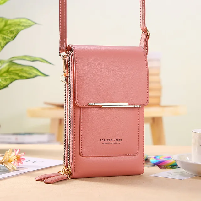 Soft Leather Wallets Touch Screen Mobile Phone Bag for Female Mini Card Holder for Key Coin Purse Vertical Crossbody Money Bags Pink