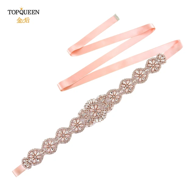 TOPQUEEN S161-RG Bridal Wedding Rose Gold Party Belts for Women Fashion Rhinestone Ribbon Fancy Sash Formal Prom Dress Belt Vntage Pink