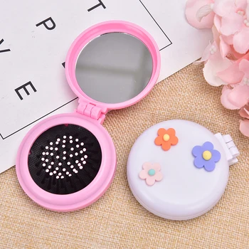 

Cartoon Girl Portable Flower Comb Air Cushion Comb With Makeup Mirror Folding Comb