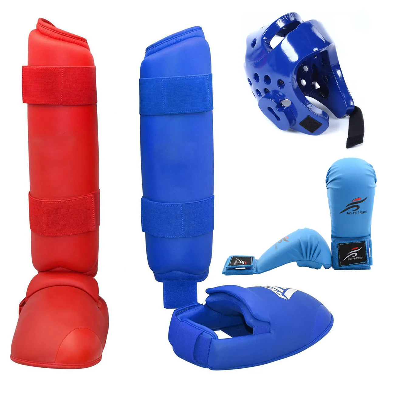 Baratos Adultos niños Karate Glvoes Taekwondo máscara para la cara casco Sparring pierna Protector de rodilla espinillas Kick Boxing Fighting MMA equipo