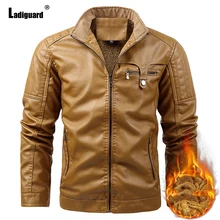 

Ladiguard Plus Size Mens Pu Leather Jackets 2022 European Style Fashion Zipper Jacket Mandarin Collar Velvet Faux Leather Coats