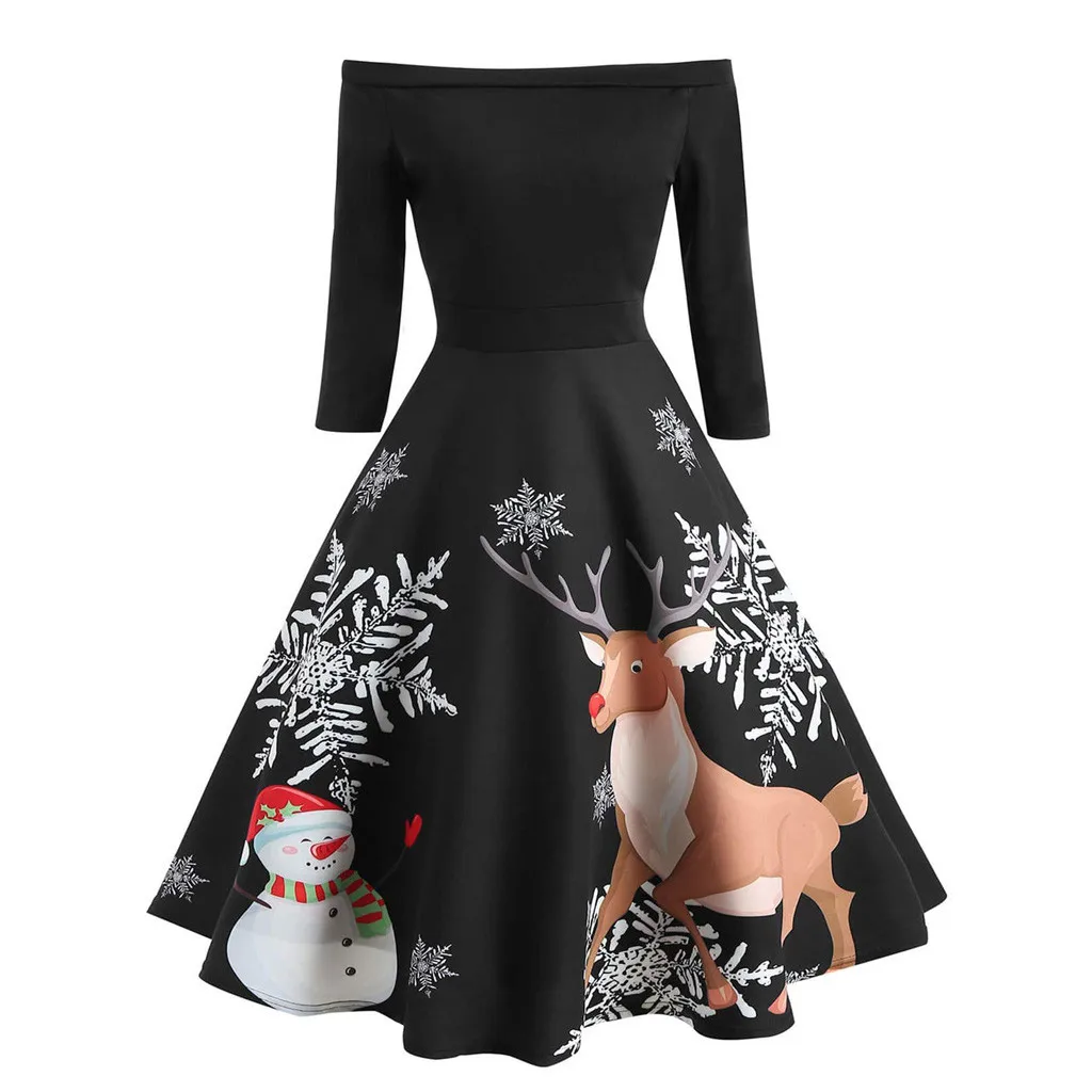 Рождественские платья, женское винтажное платье с рисунком снеговика и лося, пин-ап, элегантное вечернее платье, Повседневное платье с длинными рукавами, большие размеры, с принтом черного цвета