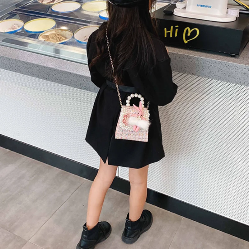 Girls Woolen Chain Messenger Bag Autumn Winter New Baby Mini Lovely Princess Pearl Handbag Children Rabbit Bag Fashion