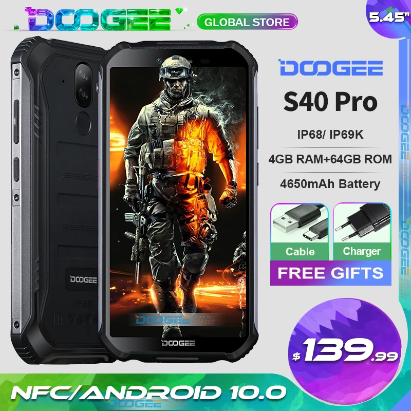 DOOGEE S40 Pro IP68 64GB 4gbb WCDMA/GSM/LTE Nfc Adaptive Fast Charge Bluetooth 5.0 Octa Core
