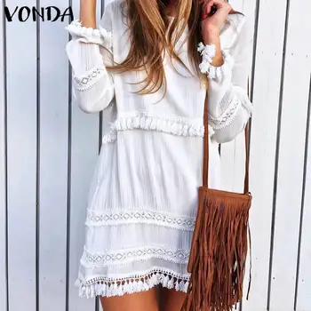 

VONDA Sexy Long Sleeve Solid Tassel Party Mini Dress 2020 Women Autumn Casual Loose Beach Dresses Plus Size Bohemian Vestidos