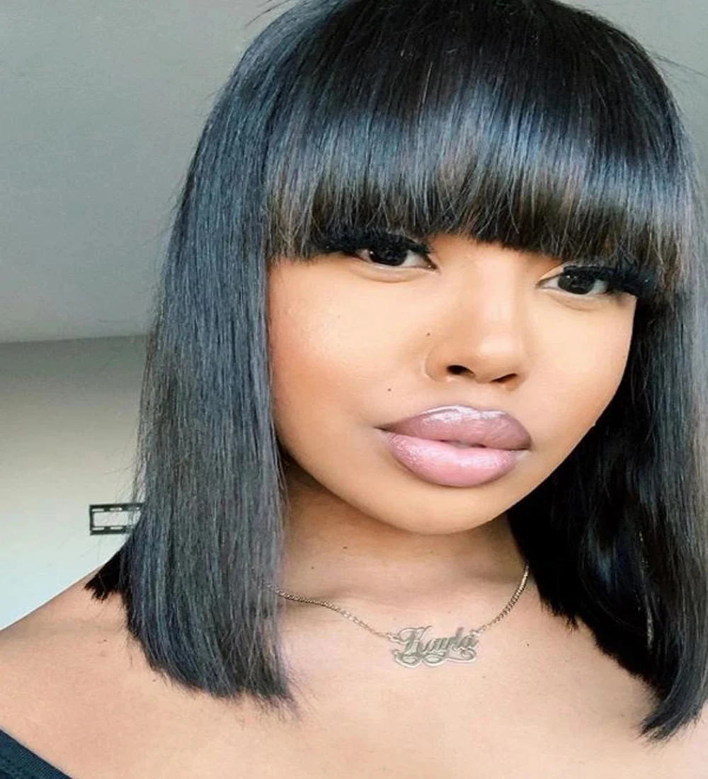 

Natural Black Color Hair With Bangs Wigs For Women Synthetic 1x5 Part Wig Short Bob All Machine Made Medium Size For Black Women