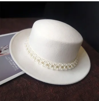 

01910-jinri86 British Style winter wool white solid pearl ribbon can remove lady fedoras cap women jazz hat