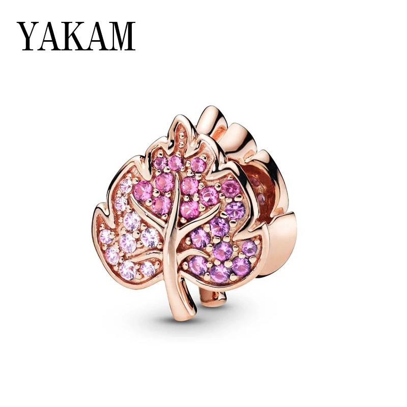 

Fit Original Pandora Charms Bracelet Purple Pink Clear CZ Maple Leaf Beads 2019 Autumn DIY Pulsera Accessories for Women Jewelry