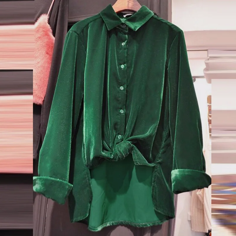 

2019 Spring New Style Korean-style WOMEN'S Wear Loose-Fit Slimming Long Sleeve Fold-down Collar Shirt Slit Velvet Casual Base Sh