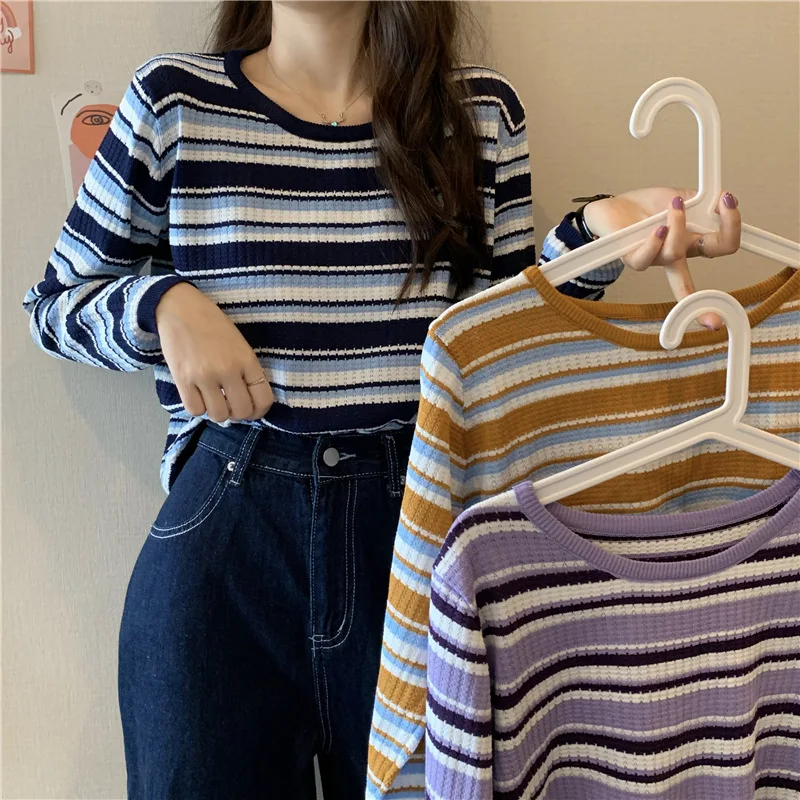 

Short-height Loose Stripes Long-sleeve Knitwear Female 2020 Autumn New Style Students Pullover BM Wind Short Tops Fashion
