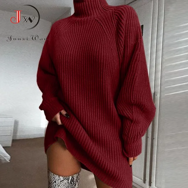 Women Turtleneck Oversized Knitted Dress Autumn Solid Long Sleeve Casual Elegant Mini Sweater Dress Plus Size Winter Clothes 4