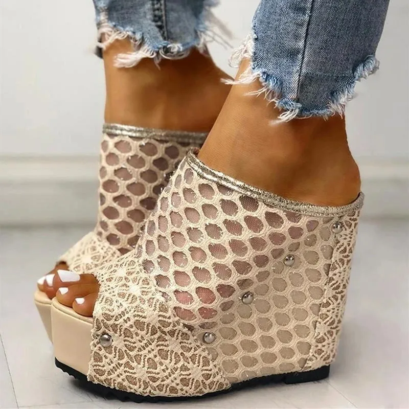 Women High Heels Platform Sandals Summer Mesh Slip On Peep Toe Rubber Sole