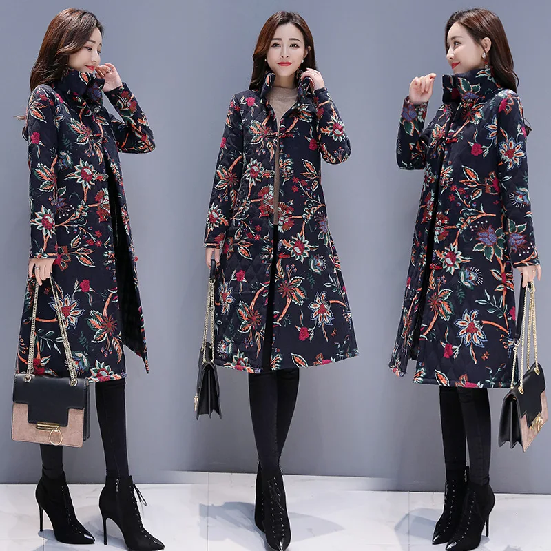 

2019 Winter New Style WOMEN'S Dress Cotton Linen Padded Printed Ethnic-Style Loose And Plus-sized Cotton-padded Clothes Middle L