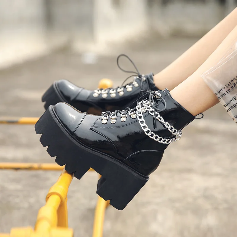 Botas góticas de charol para mujer, botines de plataforma con tacón grueso  y cadena, Sexy, estilo Punk, color negro|Botas hasta el tobillo| -  AliExpress