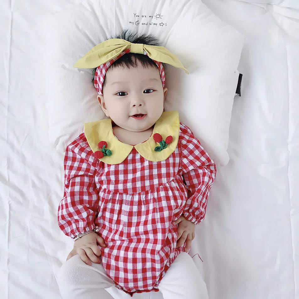 Autumn Infants Little Children Climbing Clothes Newborn Baby Plaid Doll Collar Cherry Cotton Jumpsuit with Bow Knot Headband Top