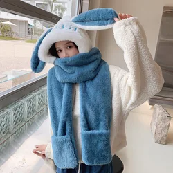 2022 New Winter Ladies Scarf Gloves Hat One-Piece Three-Piece Cute Rabbit Outdoor Women Riding Plus Velvet Thickening Keep Warm