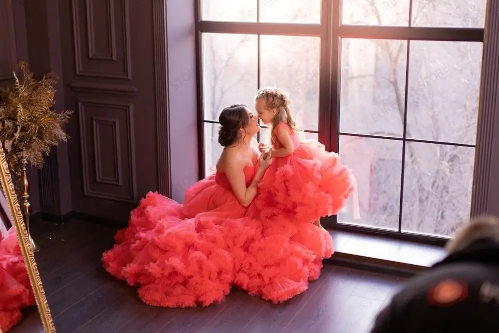 Mom And Kid Tulle Dresses Ball Gown With Crystals Ruffles Long Plus Size Extra Puffy Tulle Maternity Dresses Lace-up Back